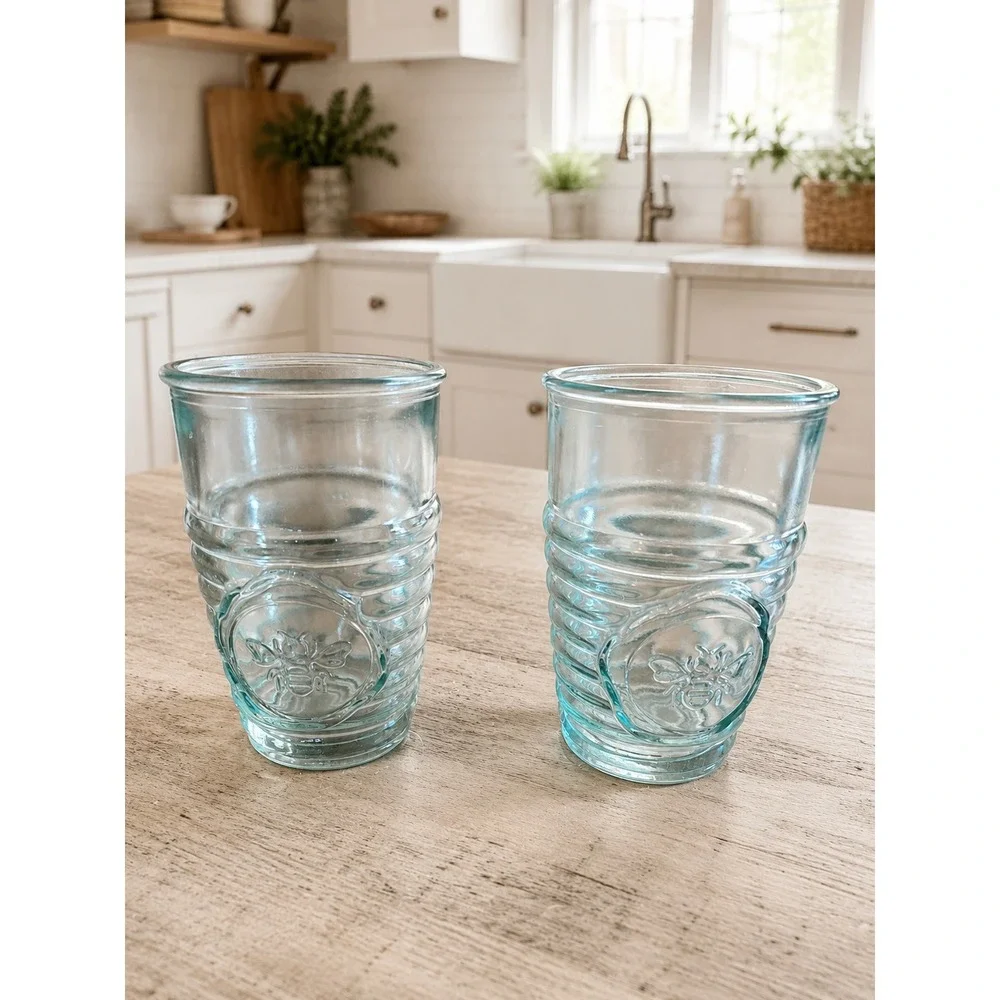 Couronne Co. Bee Recycled Glass Tumblers Set of 2 Pale Green Ribbed Spain 11 Oz
